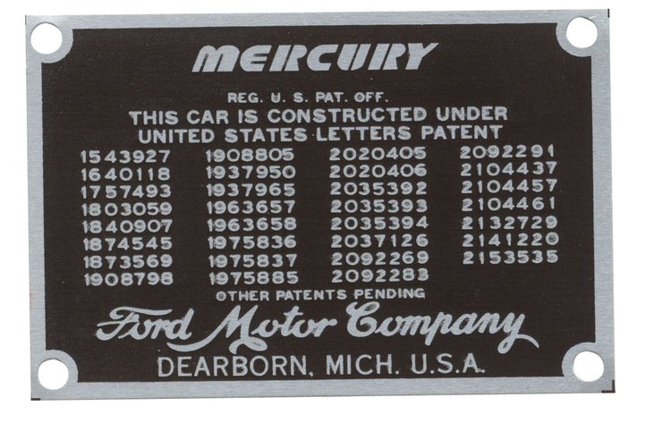 99A-14001 Patent Data Plate, 1939-1948 Mercury