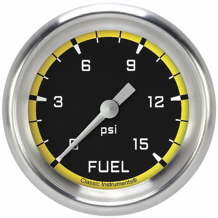 AX345YAPF Autocross Yellow 2 5/8in. Fuel Pressure Gauge, 15 Psi