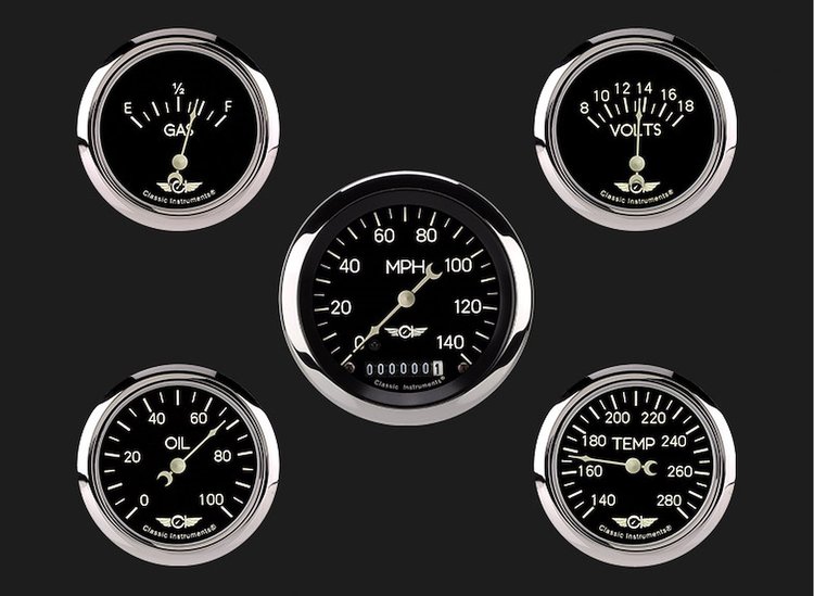 CLASSIC SERIES 5 GAUGE SET 3 SPEEDO 2 5/8 SS FUEL 240-33 SS 2 5/8 VOLT 2 5/8 FS COOLANT TEMP 2 5/8 FS OIL PRESSURE 100psi
