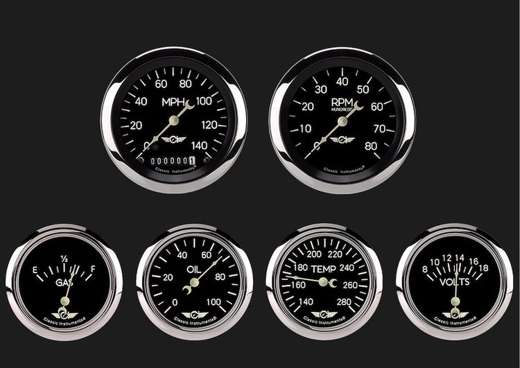 CLASSIC SERIES 6 GAUGE SET 3 SPEEDO 3 TACH 8000RPM 2 5/8 SS FUEL 240-33 SS 2 5/8 VOLT 2 5/8 FS COOLA
