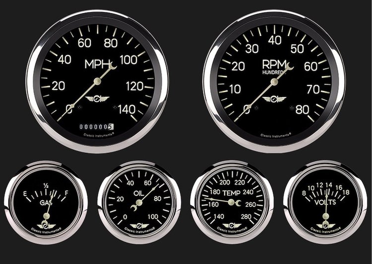 CLASSIC SERIES 6 GAUGE SET 5 SPEEDO 5 TACH 8000RPM 2 5/8 SS FUEL 240-33 2 5/8 SS VOLT 2 5/8 FS COOLA