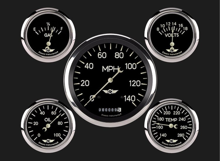 CLASSIC SERIES 5 GAUGE SET 5 SPEEDO 2 5/8 SS FUEL 240-33 2 5/8 SS VOLT 2 5/8 FS COOLANT TEMP 2 5/8 FS OIL PRESSURE 100psi