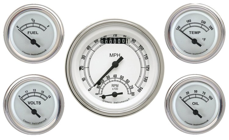 Classic White Series 5-Gauge Set 3-3/8" Electrical Ultimate Speedometer (140 mph)