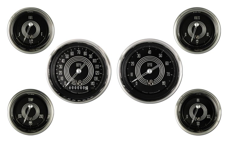 V8 Speedster Series 6-Gauge Set 3-3/8" Elec Speedometer (140 mph)