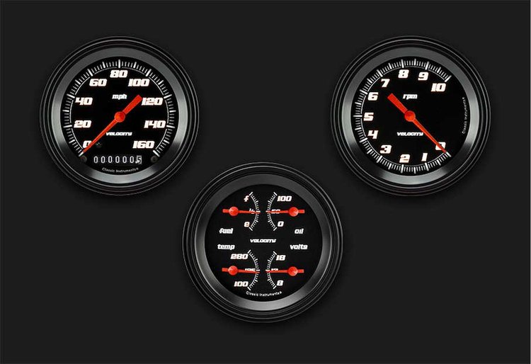 Velocity Black Series 3-Gauge Set 3-3/8" Electrical Speedometer (160 mph)
