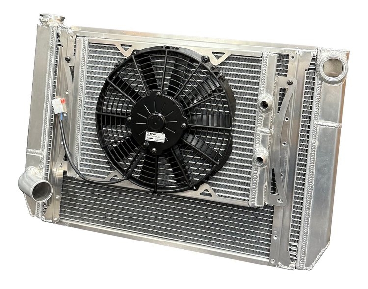 MGM.SLM.CLOSED.TPV2 Super Late-Model Dual-Pass 3-Row Aluminum Radiator V2, GM Closed System, Complete Module w/ Oil Cooler & Fan