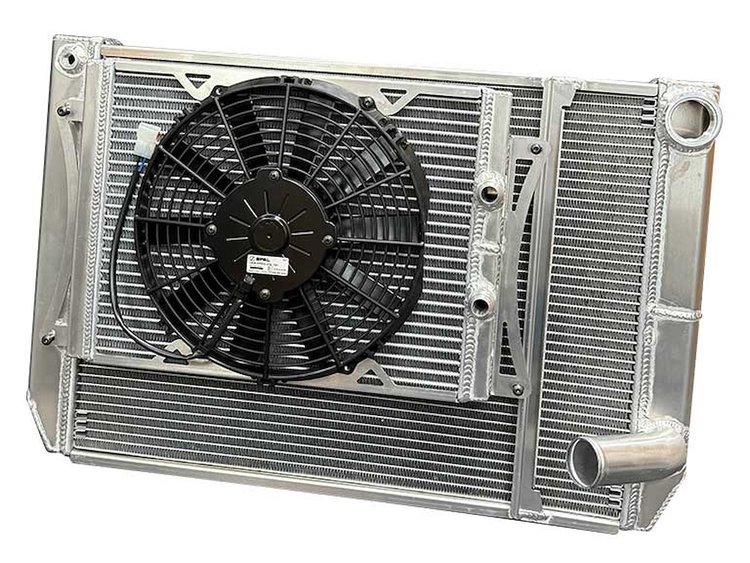 MFD.SLM.CLOSED.TPV2 Super Late-Model Triple-Pass 3-Row Aluminum Radiator V2, Ford Closed System, Complete Module w/ Cooler & Fan