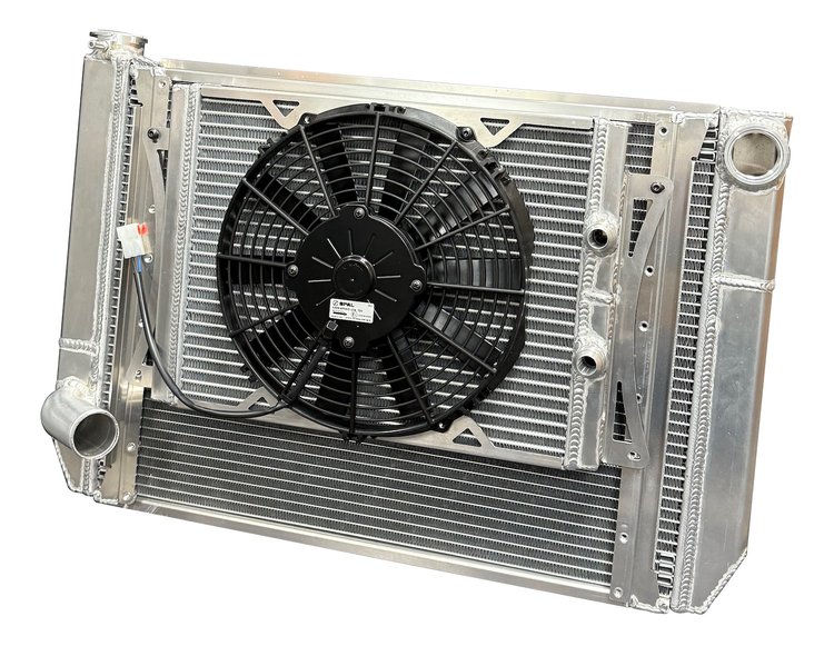 MGM.SLM.CLOSEDV2 Super Late-Model Dual-Pass 3-Row Aluminum Radiator V2, GM w/ Closed System, Complete Module w/ Cooler & Fan
