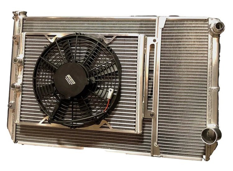 MGM.SLM.CLOSED Super Late-Model Dual-Pass 3-Row Aluminum Radiator, GM Closed NPT Filler Neck, Oil Cooler & 11 in. Spal Fan