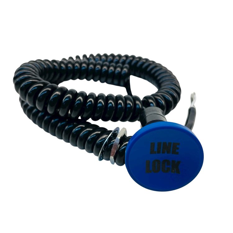 3109-CBLU-LL Shredder Linelock Button [Blue Engraved, Billet Aluminum, Concave, Momentary, Push Button Switch, Corded]