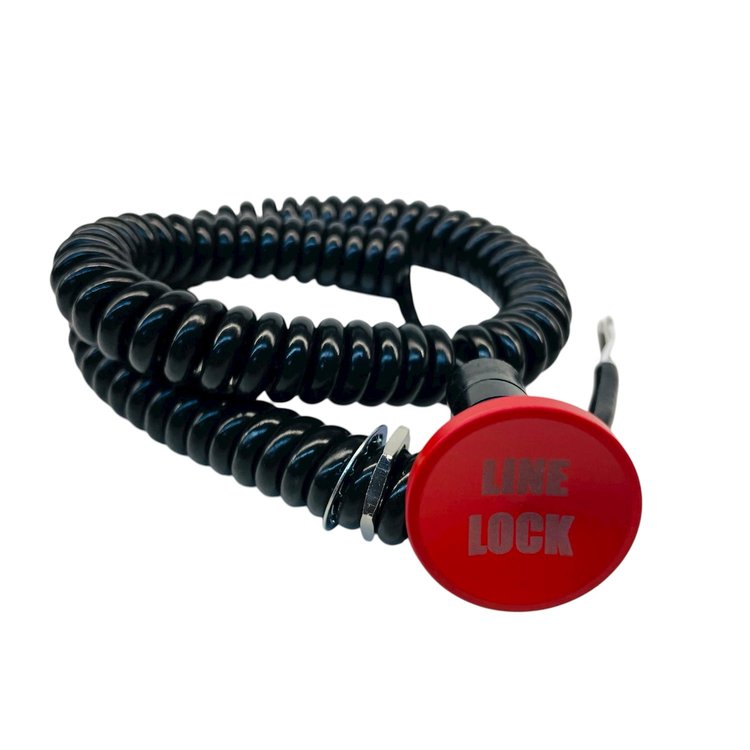 3109-CRED-LL Shredder Linelock Button [Red Engraved, Billet Aluminum, Concave, Momentary, Push Button Switch, Corded]