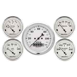 Old Tyme White 5-Gauge Kit 3-3/8" Speedometer (120 mph, Manual Odometer)