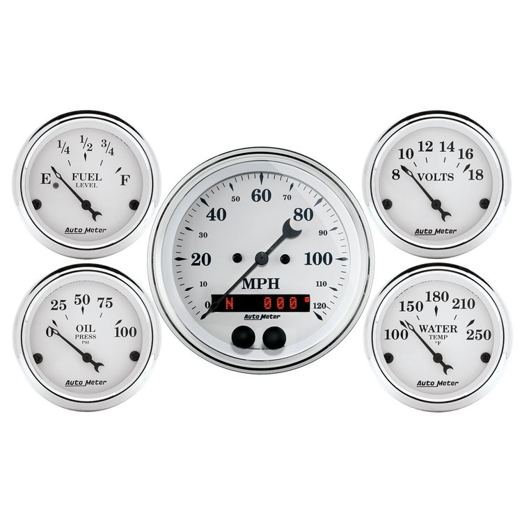 Old Tyme White 5-Gauge Kit 3-3/8" Speedometer (120 mph, Digital Display)