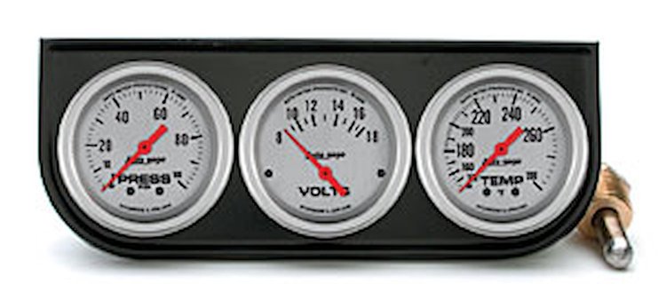 Autogage Silver 3-Gauge Panel 2-1/16" Gauges Oil Pressure 0-100 psi Voltmeter (8-18 Volts)