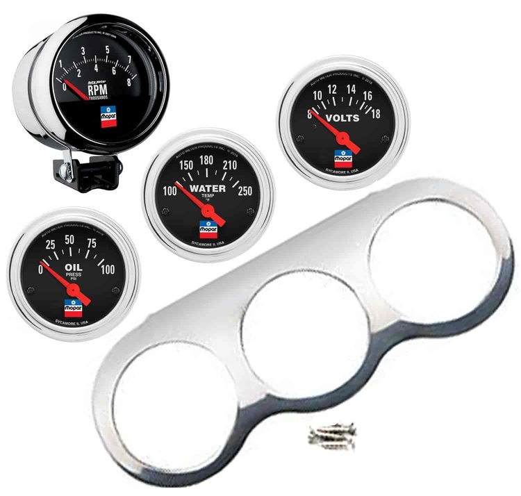 Mopar Classic Series Gauge Kit [Oil Pressure, Water Temperature, Voltage, Polished Gauge Panel]