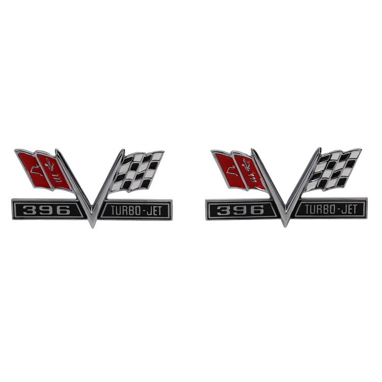 W-411 Fender Emblems, 396 Turbo-Jet Flag, 65-67 Camaro Chevelle El Camino Impala (Sold as a Pair)