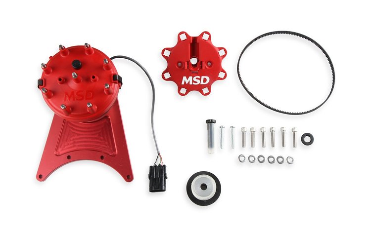 Pro-Billet Front Drive Distributor w/Adjustable Hall-Effect Sync Pickup for Small Block Chevy - Red HEI Cap