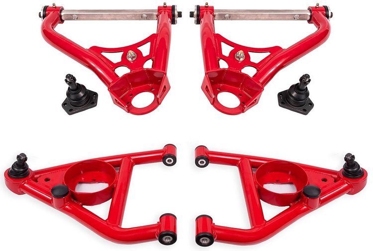AAK311R Front Upper & Lower A-Arms for 1967-1969 GM F-Body, 1968-1974 GM X-Body w/Forward Bump Stops [Red Powder Coat]