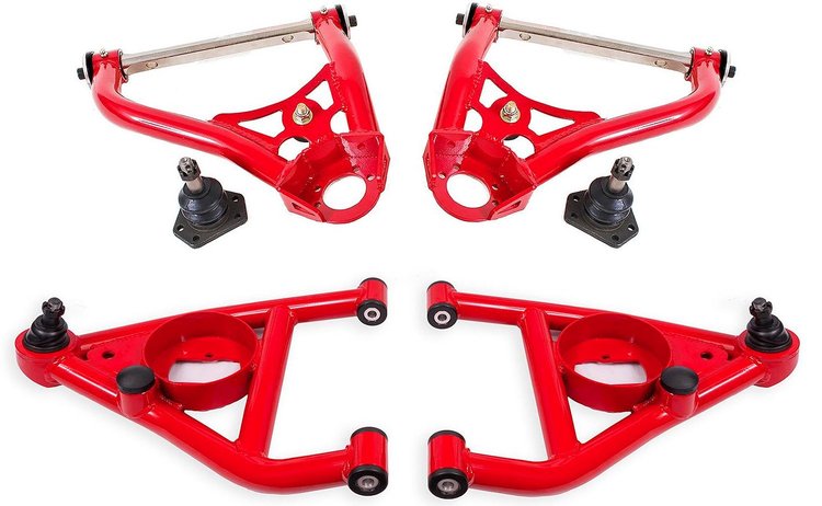 AAK312R Front Uppers & Lower A-Arms for 1967-1969 GM F-Body, 1968-1974 GM X-Body w/Rearward Bump Stops [Red Powder Coat]