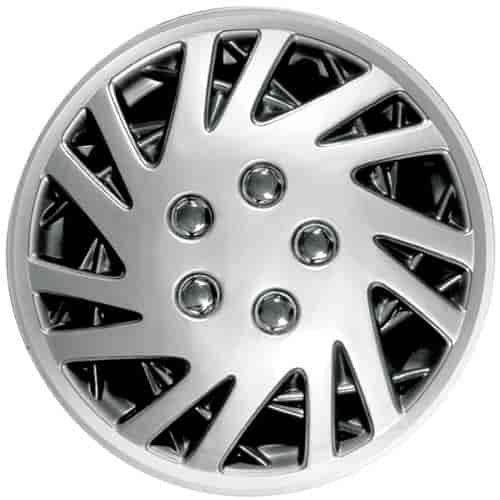 Aftermarket Wheel Cover 15 in. 14 Directional Spokes Metal Clip Silver w/Charcoal Finish