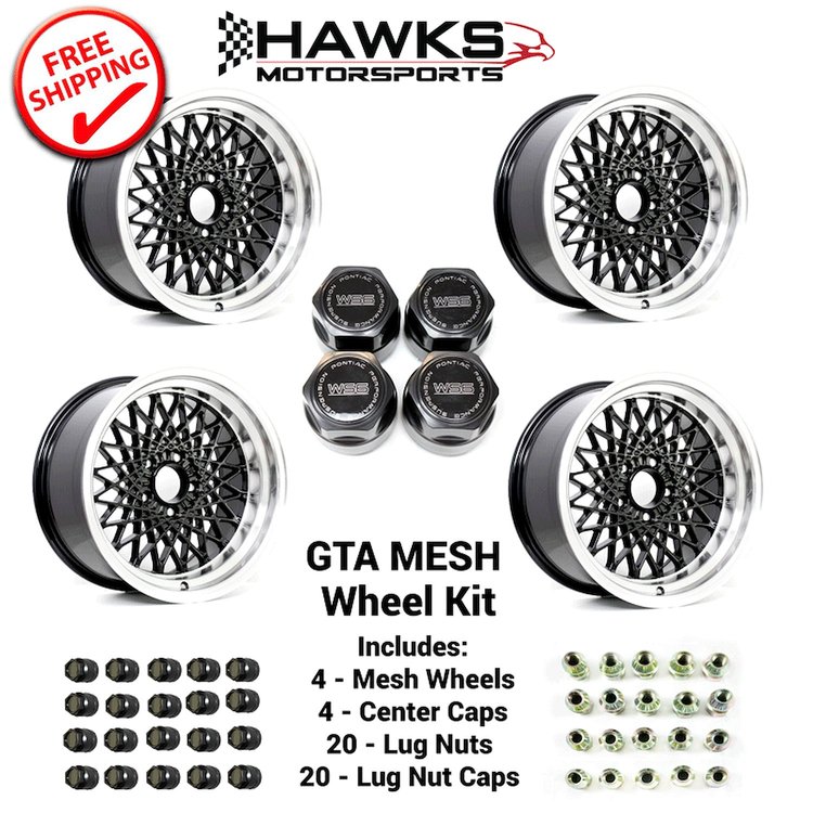 HT179GTAB-KIT GTA Mesh Wheel Set, 1982-1992 Pontiac Firebird GTA [Size: 17"x9"] Black Finish, w/Center Caps & Lug Nuts