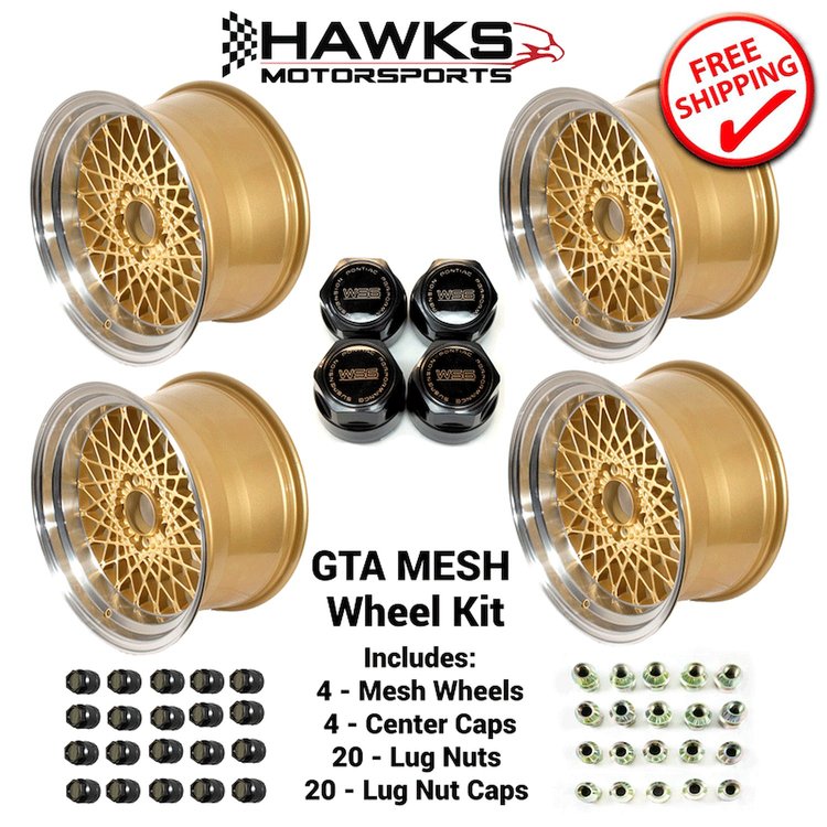 HT179GTAG-KIT GTA Mesh Wheel Set, 1982-1992 Pontiac Firebird GTA [Size: 17"x9"] Gold Finish, w/Center Caps & Lug Nuts