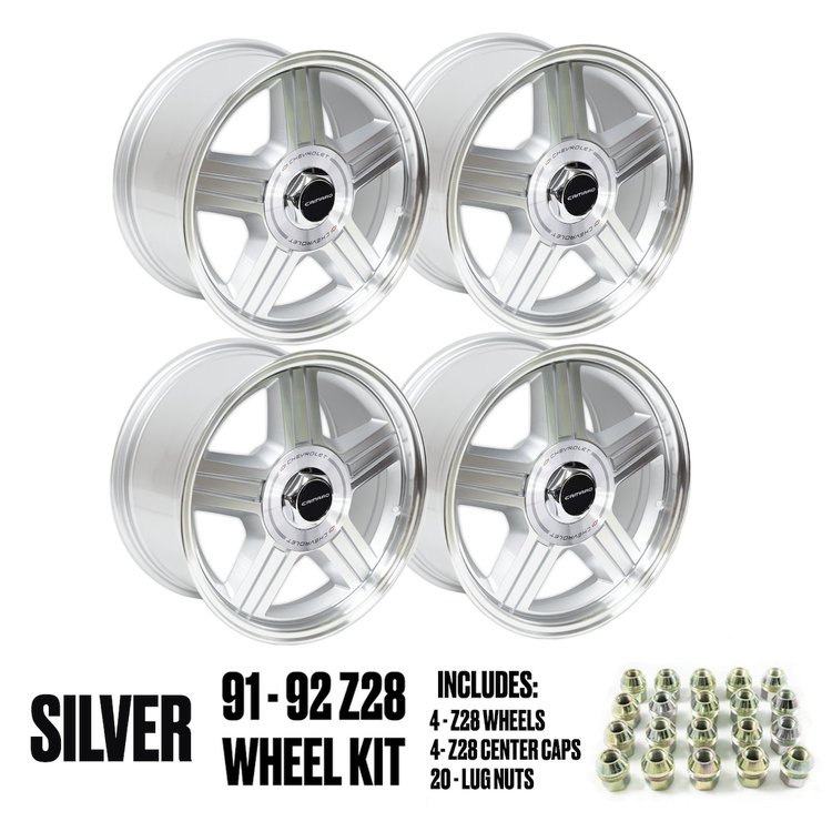 HT179Z28SILVER-KIT Z28 Wheel Set, 1991-1992 Chevy Camaro [Size: 17"x9"] Silver Finish, w/Center Caps, Lug Nuts/Lug Nut Caps