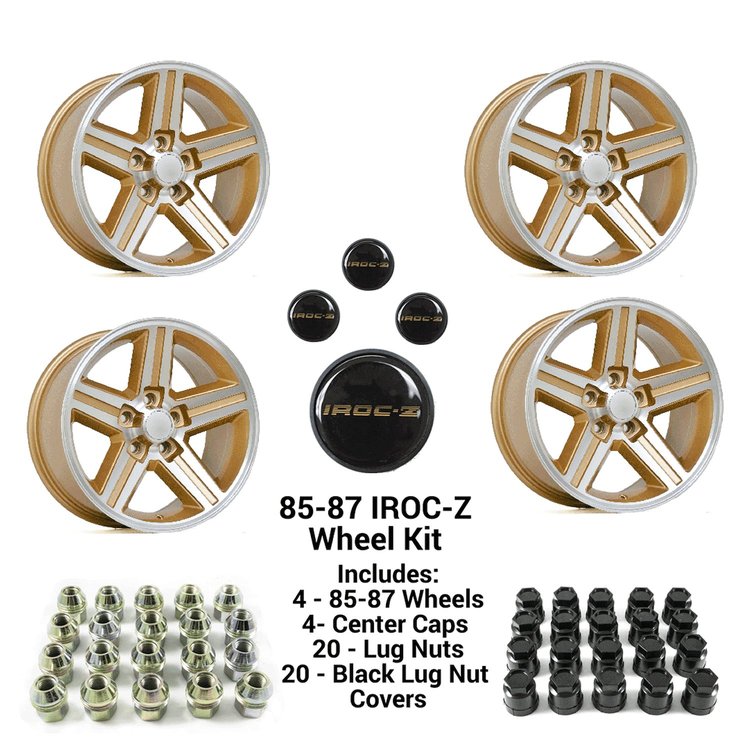 HT179IROCZGOLD-85-KIT IROC-Z Wheel Set, 1985-1987 Chevy Camaro [Size: 17"x9"] Gold Finish, w/Center Caps & Lug Nuts
