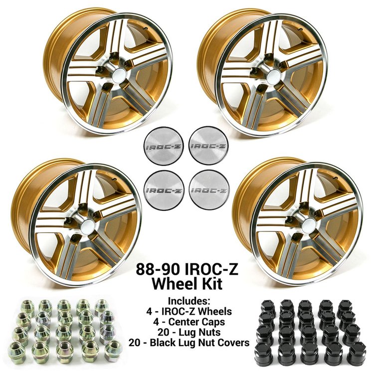 HT179IROCZGOLD-KIT IROC-Z Wheel Set, 1988-1990 Chevy Camaro [Size: 17"x9"] Gold Finish, w/Center Caps & Lug Nuts
