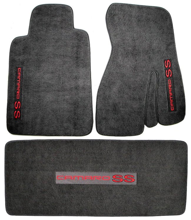 10446/10881-EBONY Front Carpet Floor Mats & Rear Deck Mat Kit, 1993-2002 Chevy Camaro, Ebony w/CAMARO SS Logos