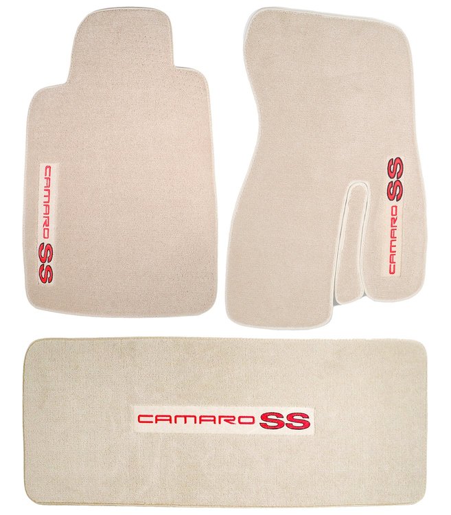 44002SS/10881-TAN Front Carpet Floor Mats & Rear Deck Mat Kit, 1993-2002 Chevy Camaro, Neutral Tan / CAMARO SS Logos