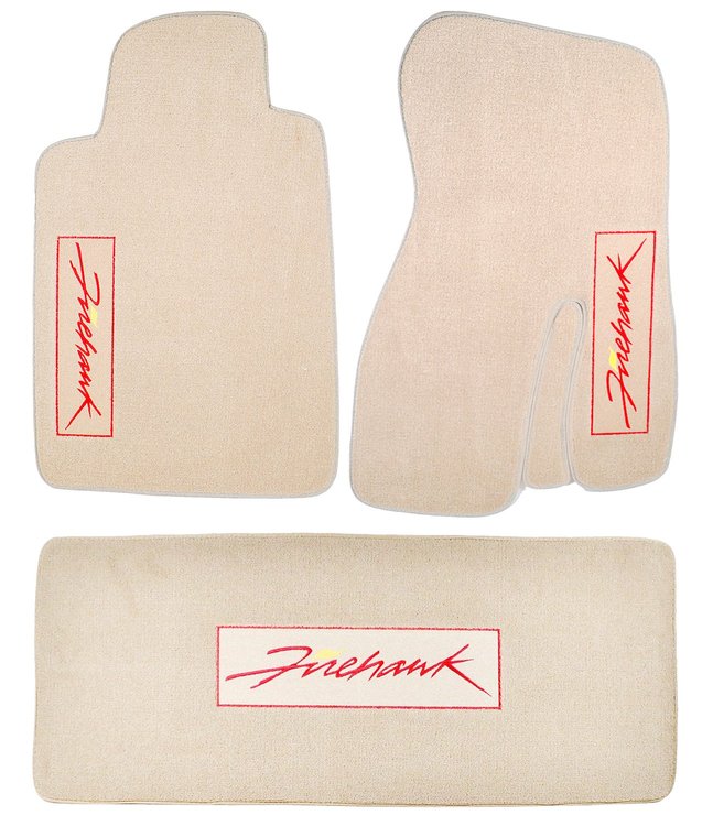 44002-FIREHAWK/10882-TAN Front Carpet Floor Mats & Rear Deck Mat Kit, 1993-2002 Pontiac Firebird, Neutral Tan w/FIREHAWK Logos