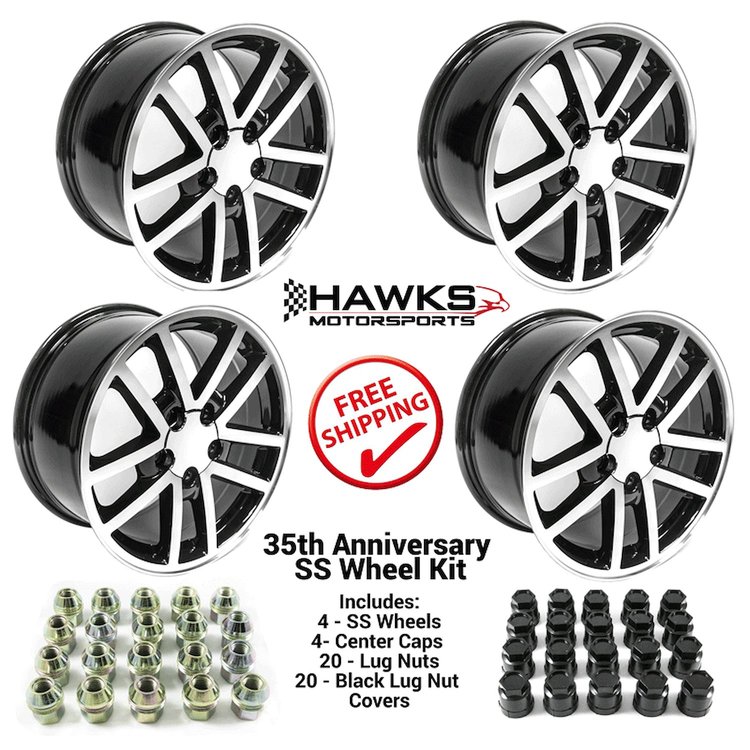HT179SS35-KIT 10-Spoke SS 35th Anniversary Wheel Set, 2002 Chevy Camaro [Size: 17"x9"] Black w/Machined Face, w/Center Caps/Nuts
