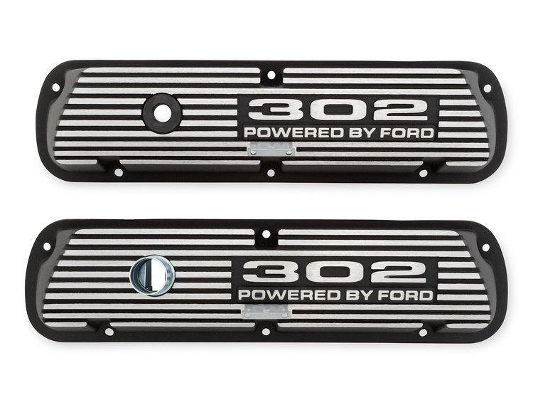 302 Powered by Ford Valve Cover Set for 1964-1973 Ford Mustang 302 [Black Wrinkle Aluminum]