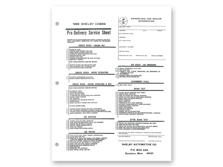 SHELBY PRE-DELIVERY SHEET