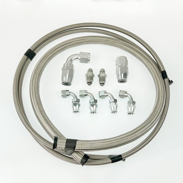 HK227 Power Steering Braided Hose Kit, GM Steering Box (late) to Remote Reservoir [Stainless]