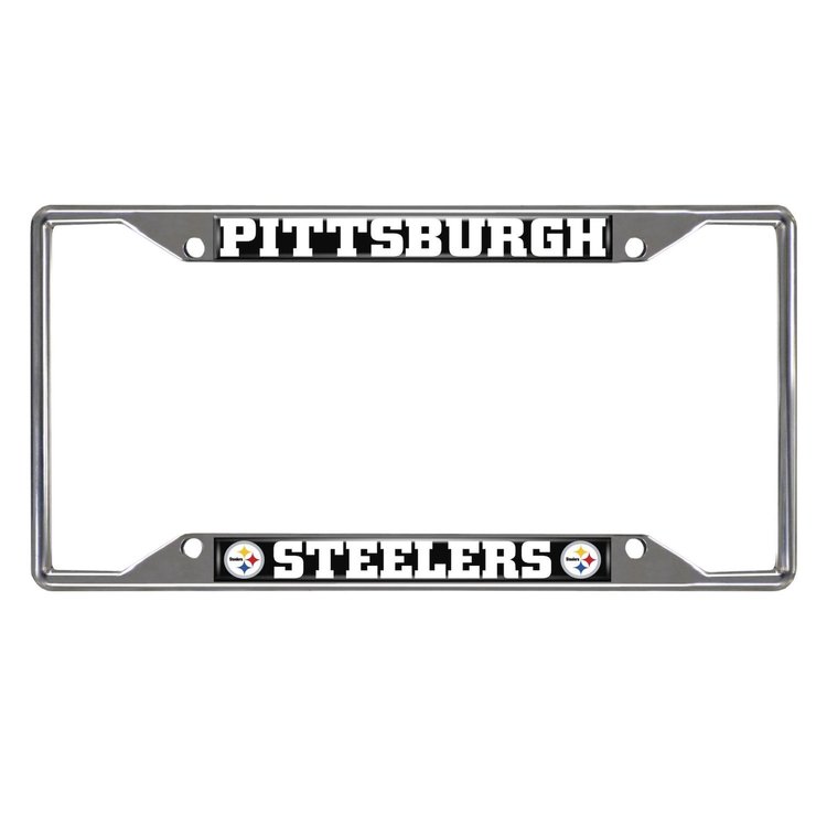 17212 Chrome-Metal License Plate Frame, 6.25 in. x 12.25 in., Pittsburgh Steelers [Black Logo]
