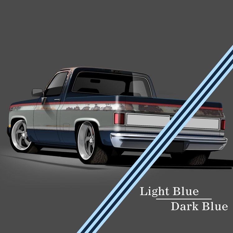 9002 1981-1991 GM Full-Size Truck 2-Tone Paint Break Stripe Kit, Light Blue/Dark Blue