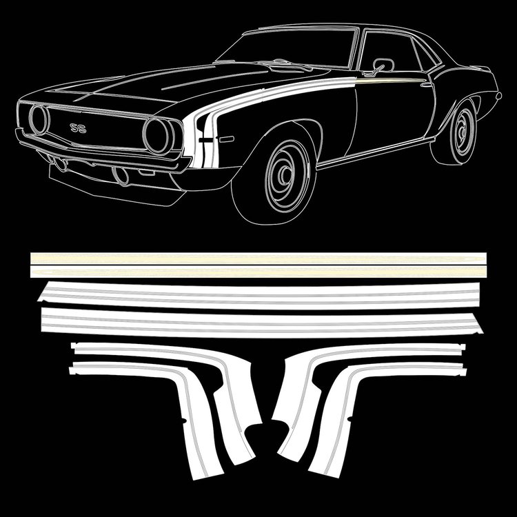TPG-6734 Stencil And White Vinyl Hockey Stick Stripe Kit For 1969 Chevy Camaro SS
