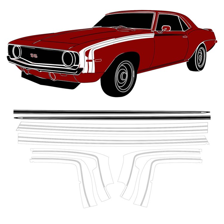 TPG-6735 Stencil And Black Vinyl Hockey Stick Stripe Kit For 1969 Chevy Camaro SS