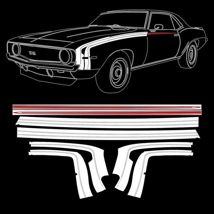 TPG-6736 Stencil And Red Vinyl Hockey Stick Stripe Kit For 1969 Chevy Camaro SS