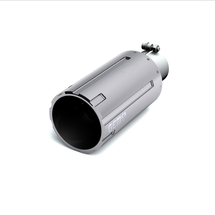 GEM Billet Exhaust Tip, 2.75 in. Inlet/5 in. Outlet x 12 in. Length, Aluminum/304 Stainless Steel, BARREL Cut [Chrome Finish]