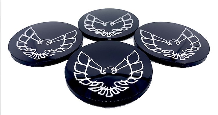 Center Cap Inserts for 1977-1981 Pontiac Firebird Snowflake and Turbo Wheels  [Black with Chrome Outline Bird]