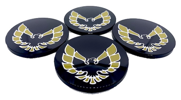Center Cap Inserts for 1977-1981 Pontiac Firebird Snowflake and Turbo Wheels [Black with Yellow Outline Bird]