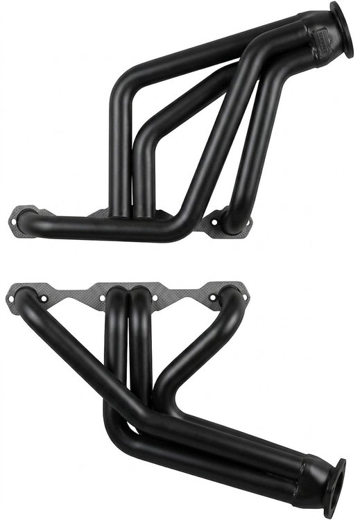 C56DP-BEC Fenderwell Header Set, 1955-1957 Chevy Cars w/Small Block Chevy, D-Port Flange [Black Satin Ceramic Coating]