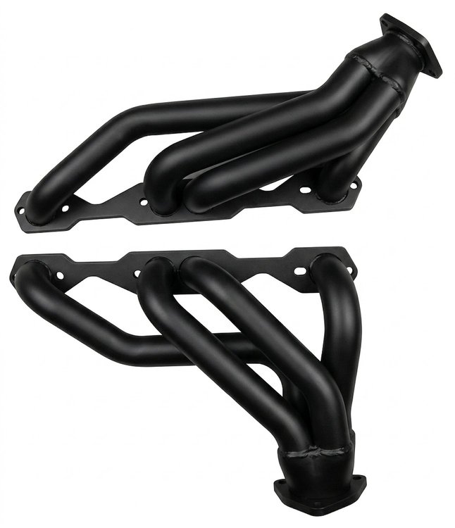 CC17AP-BEC Shorty Headers, 68-72 Chevelle/El Camino, 70-81 Camaro, 67-87 GM Truck w/SBC, Angle Plug [Black Satin Ceramic]