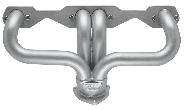 CC5DP-SEC Shorty Header Set, Small Block Chevy, Angle Plug, D-Port Flange [Silver Ceramic Coating]