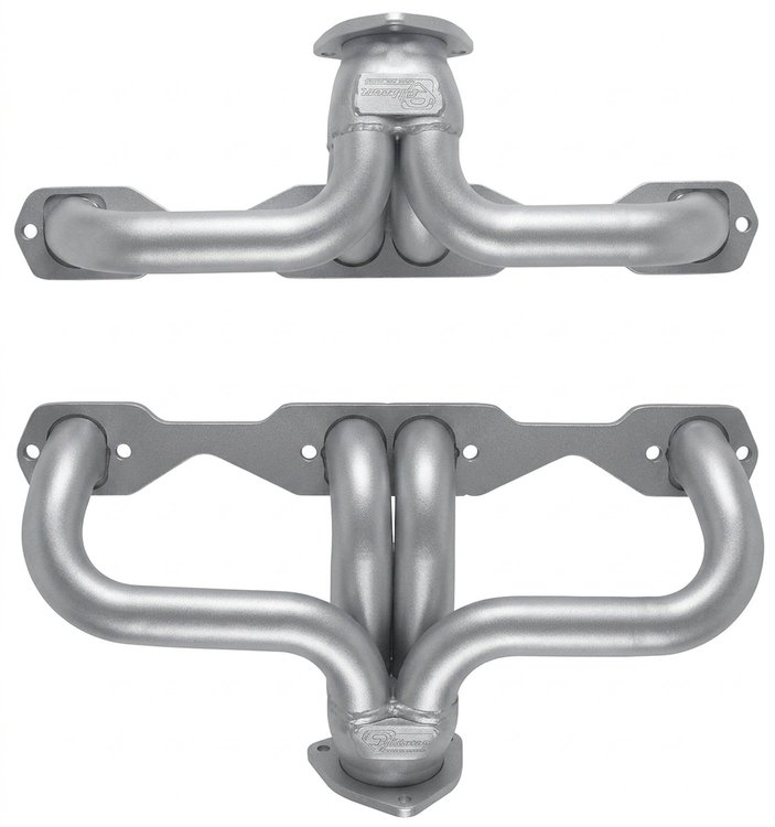 CC55AP-158-SEC Shorty Header Set, 1955-1957 Chevy Cars w/Small Block Chevy, Angle Plug [Silver Ceramic Coating]