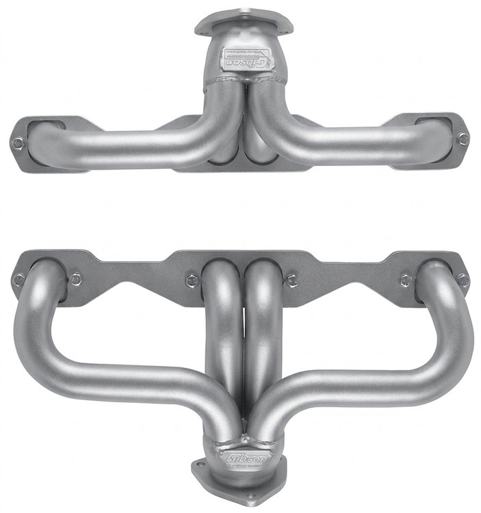 CC55DP-158-SEC Shorty Header Set, 1955-1957 Chevy Cars w/Small Block Chevy, Angle Plug, D-Port Flange [Silver Ceramic Coating]