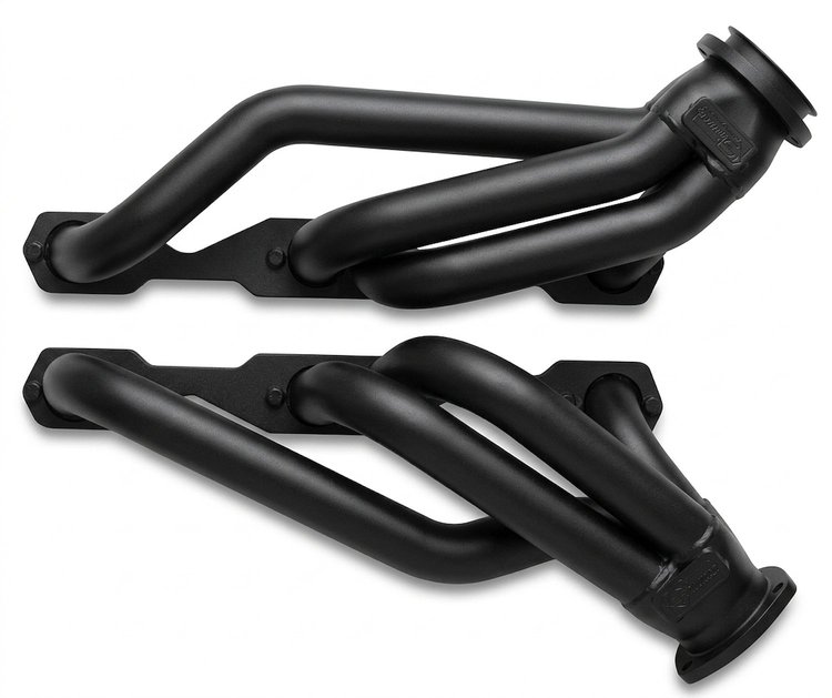 US56AP-BEC Shorty Headers, 55-57 Cars w/SBC, Angle Plug, Unisteer Rack/Pinion w/Ididit or Similar Column [Black Satin Ceramic]